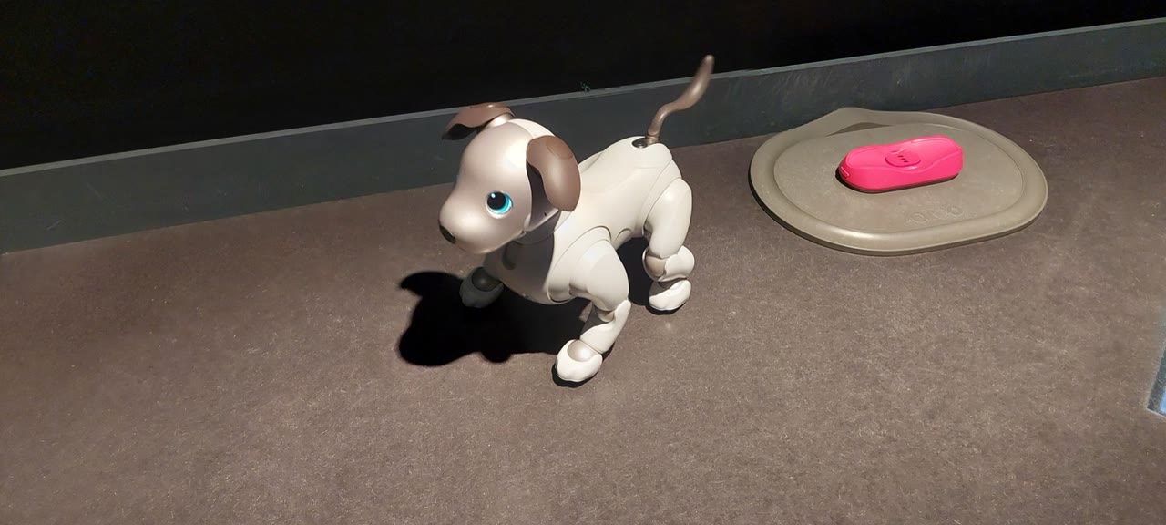 A white and brown Sony aibo ERS-1000 standing beside its charging mat